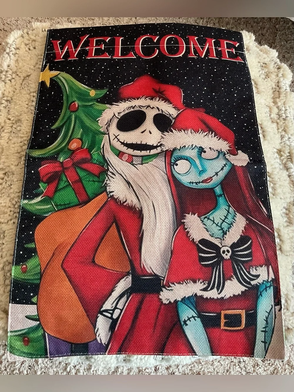 Welcome Jack & Sally Holiday Garden Flag- Red and Black Christmas Decor